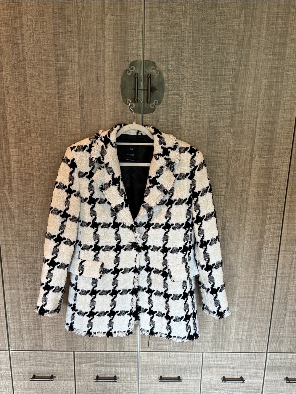 Mango Checkered Tweed Long Blazer